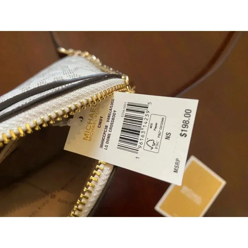 Michael Kors Dome Crossbody Bag Signature Logo Brown Leather Strap Gold Details